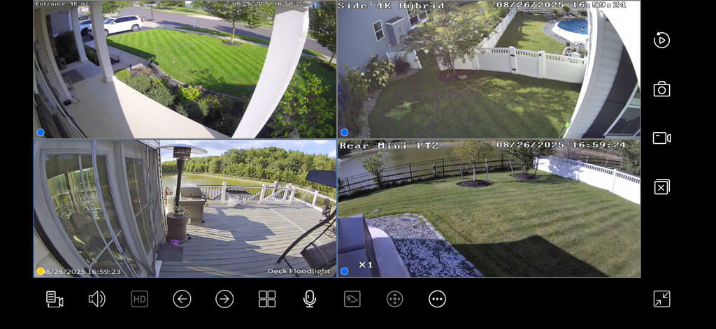 Landscape view of Luma View app showing four security camera feeds simultaneously on a split screen.
