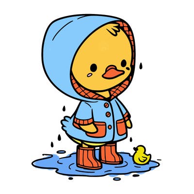 baby duck in a rain coat and boots, in a puddle while it’s raining