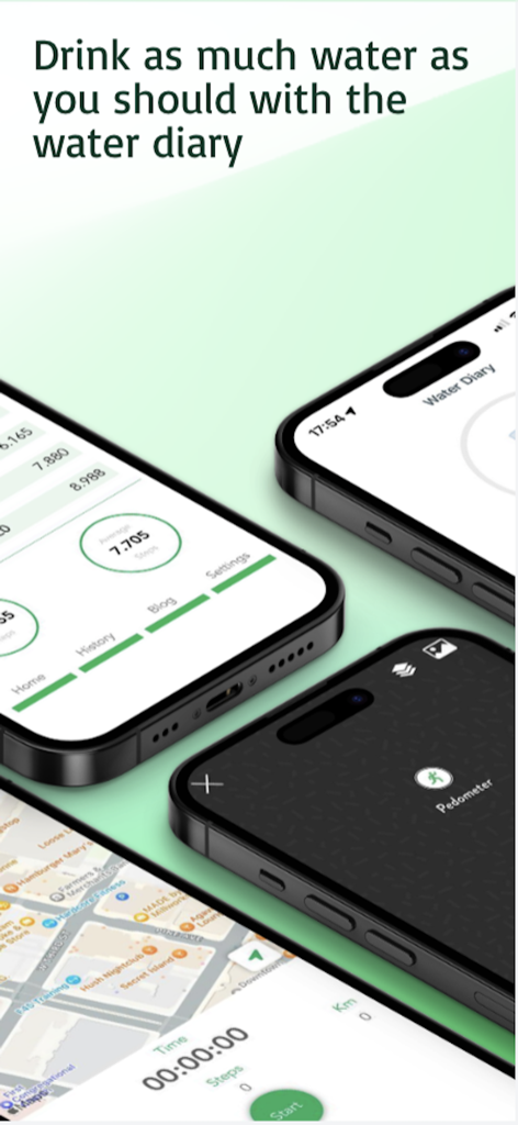 The Pedometer app interface showing water diary and step tracking screens on iPhones