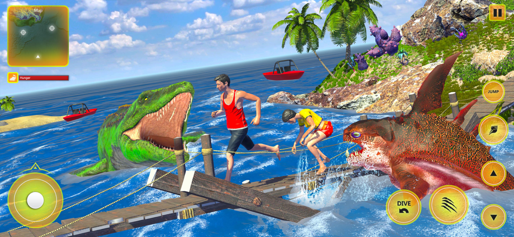 Monstros marinhos gigantes atacando pessoas em um cais tropical em Sea Monster Simulator 2018