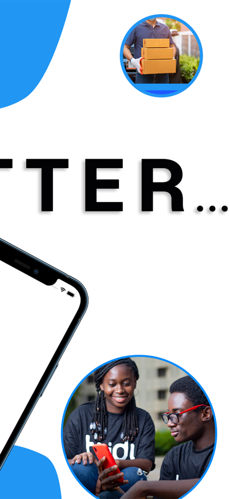 安全な配送とコミュニティベースの商取引を示すTuduオンラインショッピングアプリのグラフィック。