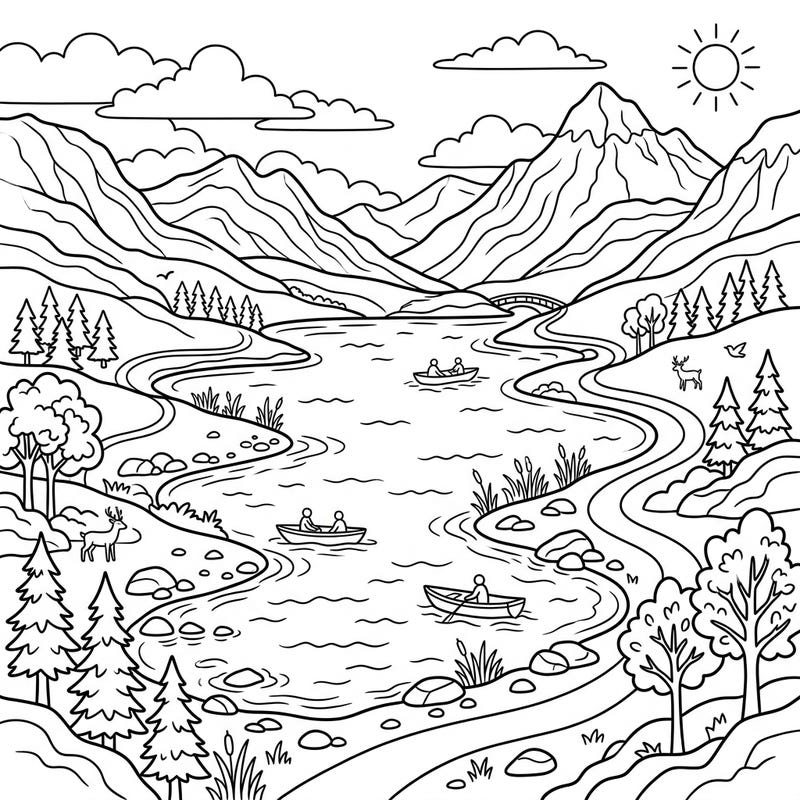 Dive into a serene landscape with our Highland Lakes coloring page, perfectly crafted for kids aged 4-8. This captivating scene offers a fantastic opportunity for young artists to explore nature's beauty with crayons and markers.