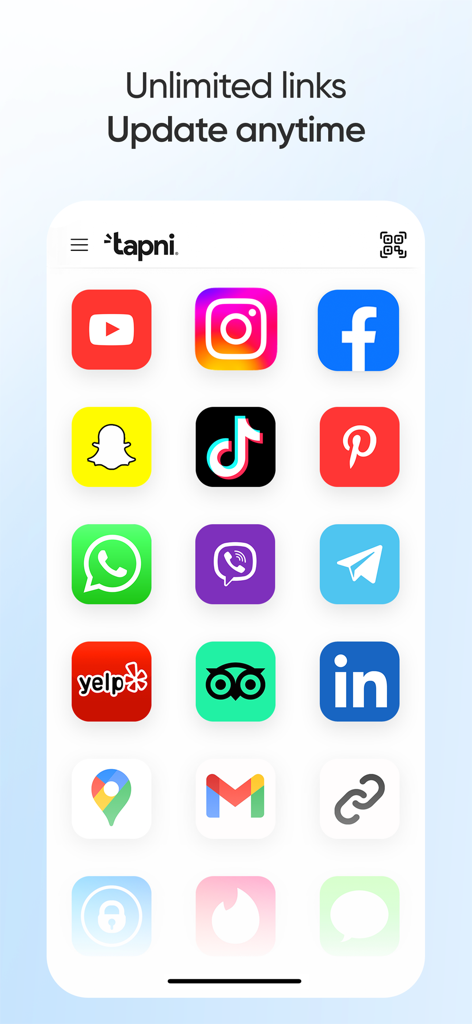 Tapni - Digital Business Card - Pantalla de la aplicación Tapni mostrando varios iconos de enlaces de redes sociales y de contacto