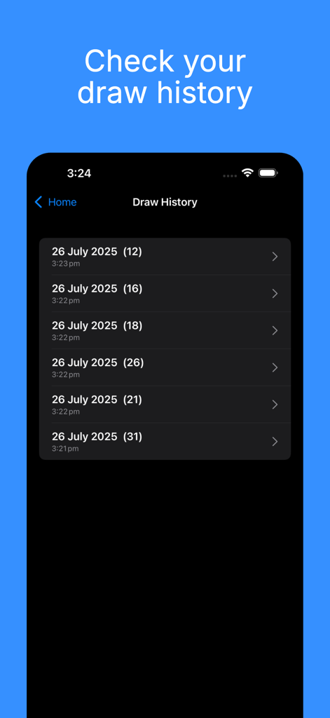 Screenshot of the draw history screen in Simple Giveaway Generator showing a list of previous random number results with dates and times