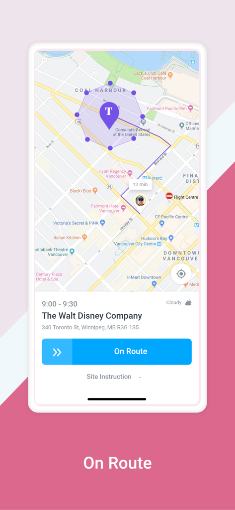 Novagems StaffApp - Novagems StaffApp interface showing a security guard on route to a job site with map tracking and geofencing