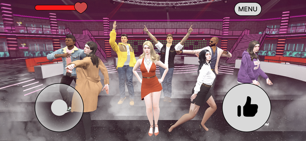 Characters dancing on a neon lit dance floor in the NightClub Simulator mobile game