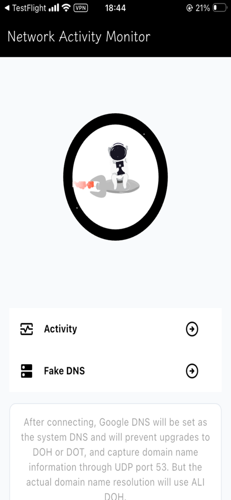 Pantalla principal del Monitor de Actividad de Red con configuración de DNS y actividad
