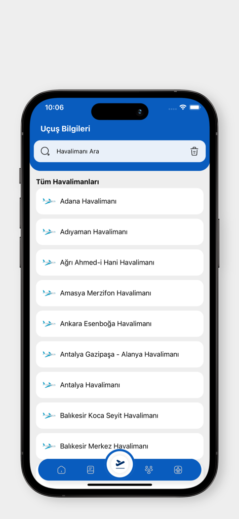 DHMİ Uçuş Rehberim - A mobile interface of the DHMI Flight Guide app displaying a searchable list of Turkish airports including Ankara Esenboga and Antalya.