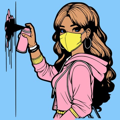 realistic girl with mask spray painting a wall