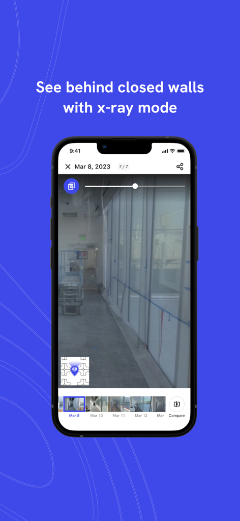 DroneDeploy Ground App - La interfaz de la aplicación DroneDeploy Ground demostrando el modo de rayos X para ver fotos históricas del sitio de construcción y lo que hay detrás de las paredes terminadas.