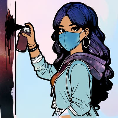 realistic girl with mask spray painting a wall