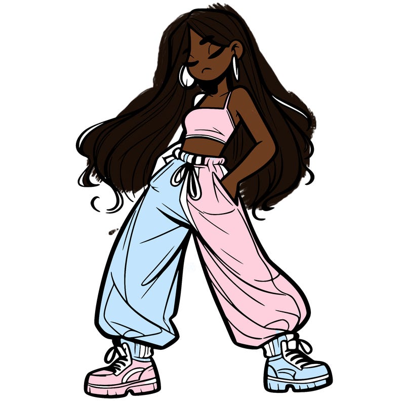 girl in baggy pants crop top and long hair