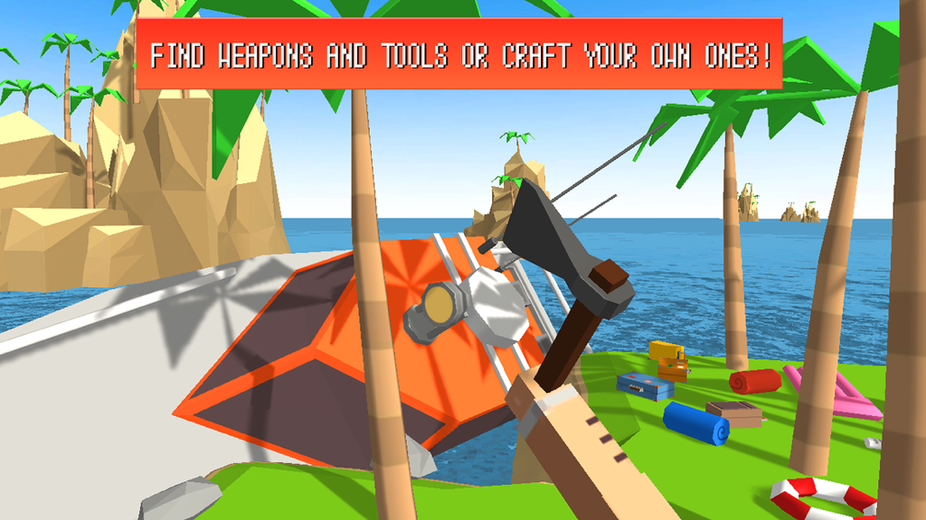 Craft Island Survival Simulator 3D - First person view of a player holding an axe on a blocky survival island with a crashed plane