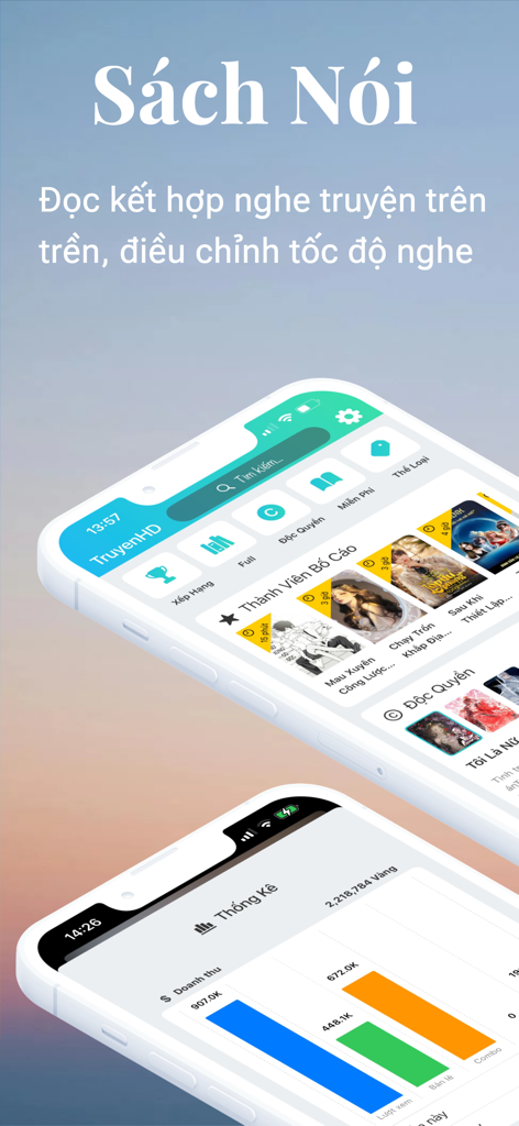 TruyenHD - Đọc Truyện Full - Interface of the TruyenHD app highlighting audiobook options and a dashboard for creator revenue statistics.