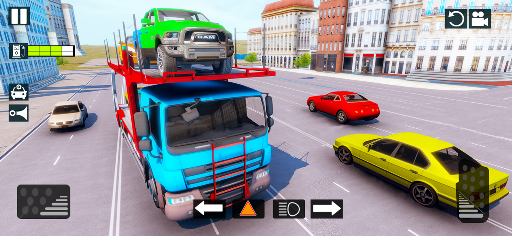 Car Transport Truck 2021 - Blue car transport truck driving in a city simulation game with other cars on the road