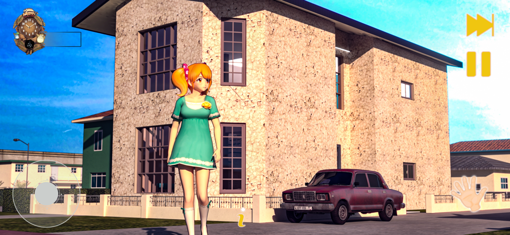 Anime High School Girl 3D Life - Una chica de anime parada frente a una mansión de lujo en un juego simulador de vida 3D.