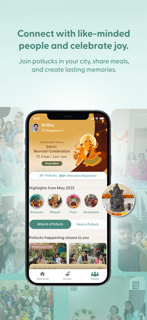 Satvic App - Screenshot of the Satvic App potluck feature showing local events and community celebrations