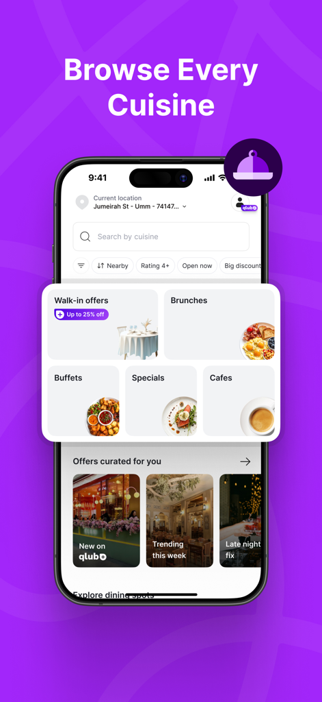 qlub Plus mobile app interface showing various dining categories and discount offers.