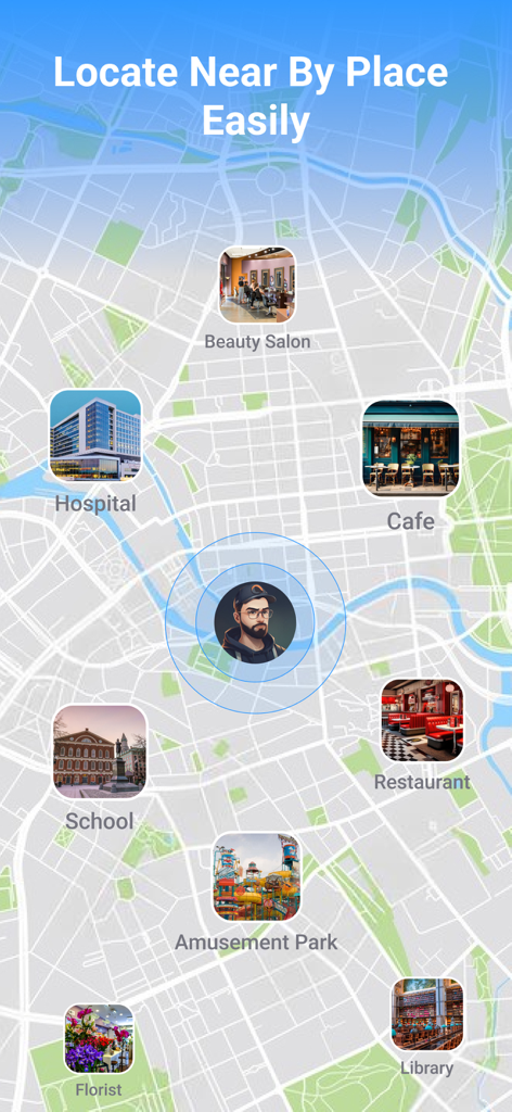 Street View Live Earth Map 3D - A mobile app interface displaying nearby locations like cafes and hospitals on a city map