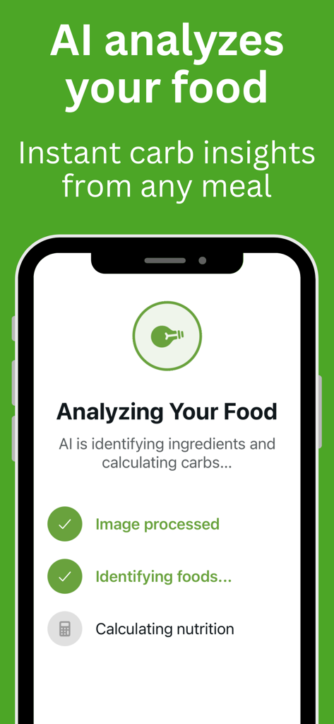 CarbCountAI - CarbCountAI app interface showing real time AI food analysis and carb calculation process.