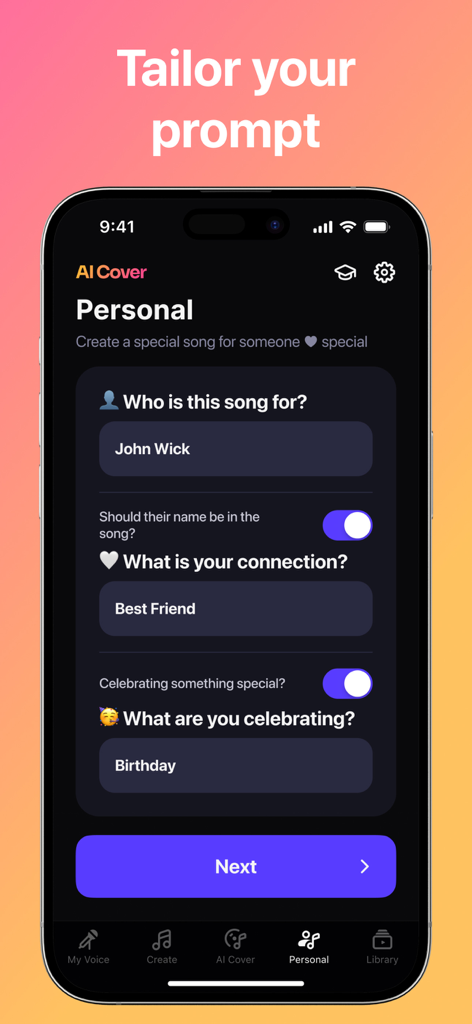 AI Music・Own Voice Cover Maker - A smartphone screen showing the personal song creation interface of the AI Cover app with fields for name and occasion.