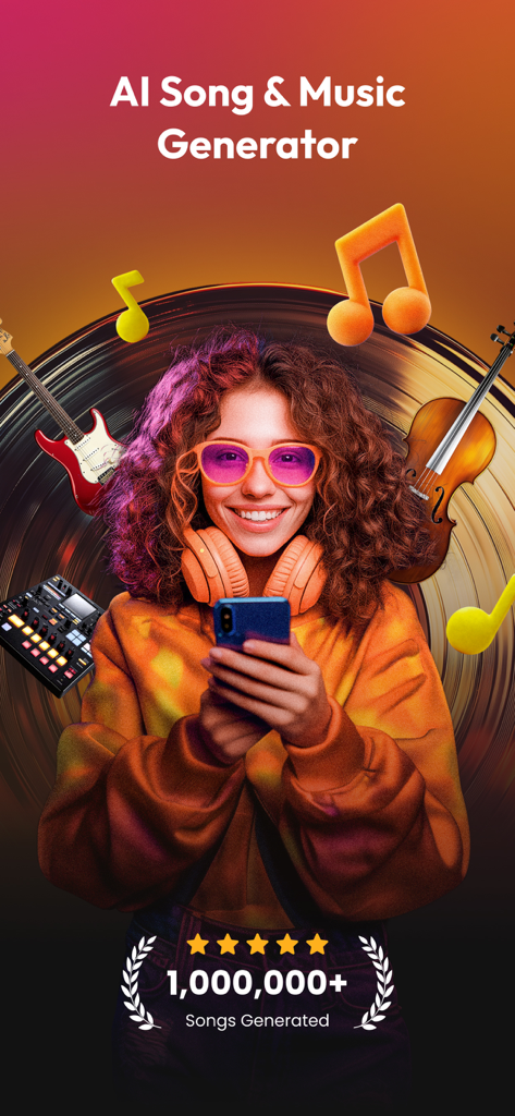 MuseO: AI Music Ringtone Maker - MuseO AI music generator app screen showing a young woman with headphones and floating musical instruments