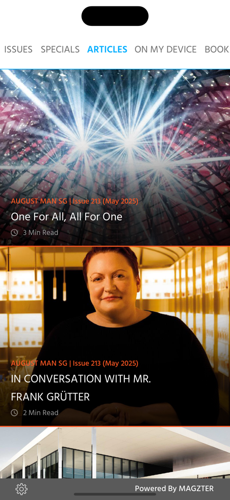 August Man SG - 주요 스토리를 보여주는 August Man SG 잡지 앱의 디지털 기사 피드