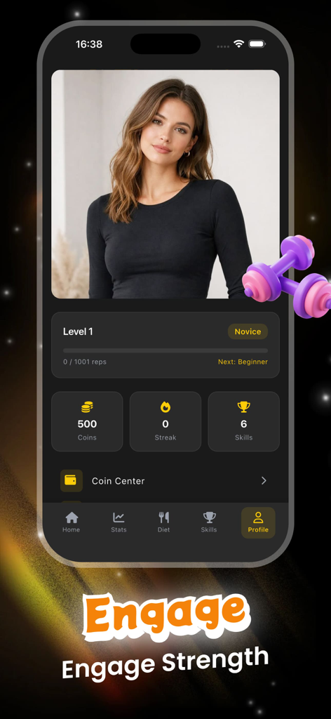 Dhok app profile screen displaying calisthenics progress level coins and workout stats