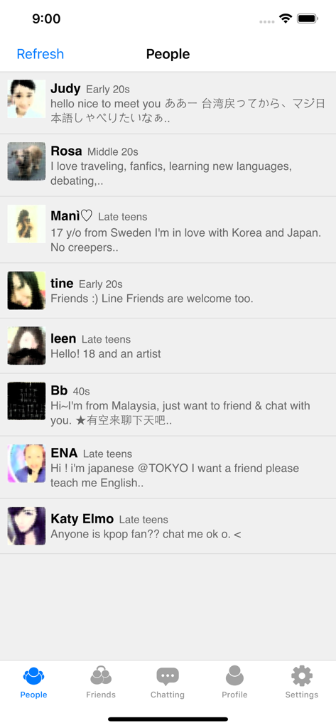 Friends Talk - Chat New People - A list of global user profiles in the Friends Talk social discovery app screen showing names and short bios