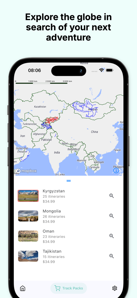Overland Map - Overland Map app interface showing a map of Asia with highlighted routes and a list of available itinerary packs for Kyrgyzstan Mongolia Oman and Tajikistan