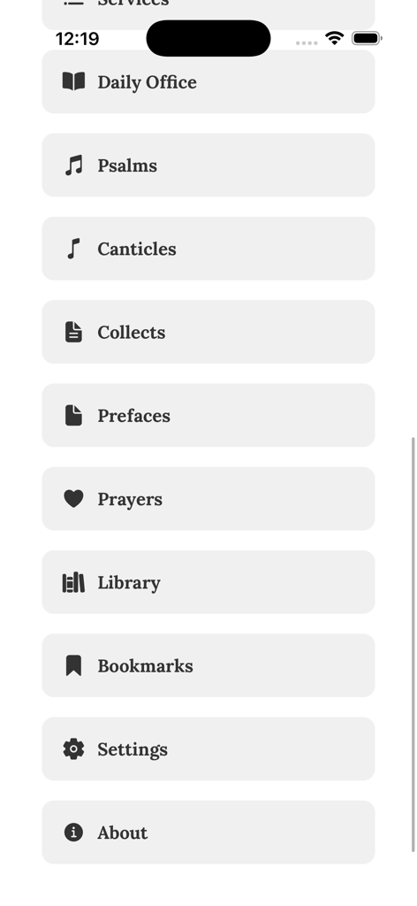 electronic Common Prayer - Main menu of the electronic Common Prayer app showing sections like Daily Office Psalms and Prayers