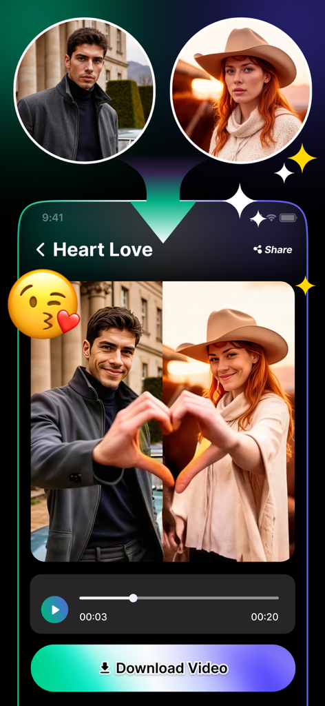 AI video generator interface showing the Heart Love feature merging two photos into a video of a couple forming a heart with their hands.