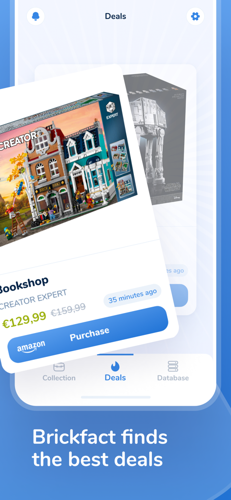 Brickfact - Mobile app screen displaying real time deals and discounts on Lego sets like Creator Expert Bookshop