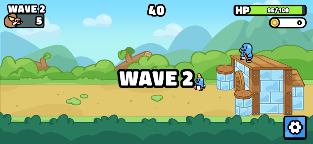 Waddle Wars: Roguelike Defense - Una captura de pantalla de jugabilidad de Waddle Wars que muestra a dos adorables pingüinos azules defendiendo un castillo de madera al comienzo de la Oleada 2 en un paisaje colorido.