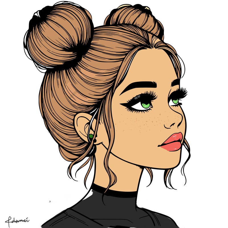 realistic girl with buns on the top of her head