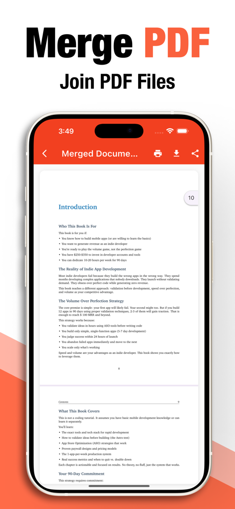 Interface de aplicativo móvel mostrando como mesclar e unir arquivos PDF facilmente