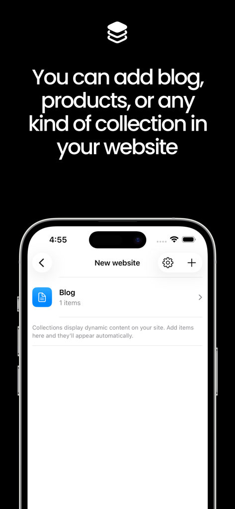 Pocket Site - Interface of Pocket Site app showing how to add a blog collection to a mobile website