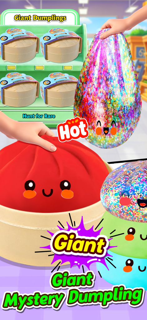 Colorful giant mystery dumpling squishies with cute faces in a mobile ASMR game