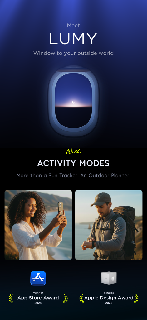 Lumy - Sun Tracker for Outdoor - Écran promotionnel pour l'application Lumy présentant des modes d'activités de plein air pour la photographie et la randonnée, récompensée par Apple Design et l'App Store.
