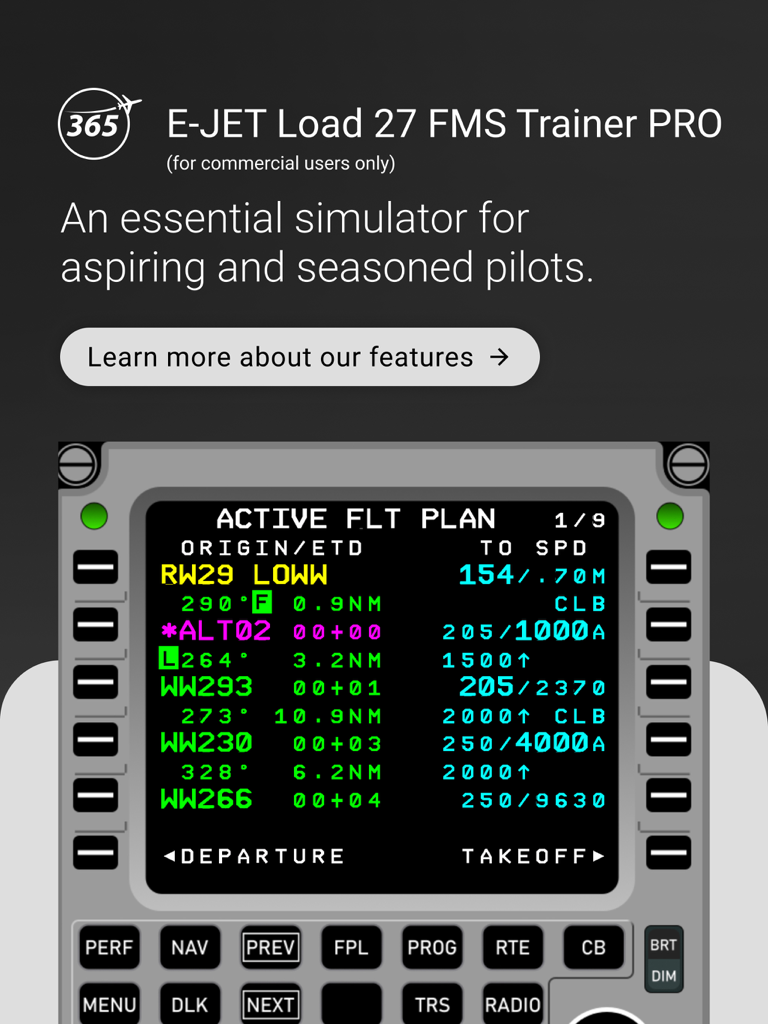 E-Jet Load 27 FMS Trainer PRO - Interface of the E-Jet Load 27 FMS Trainer PRO app showing a flight plan simulation