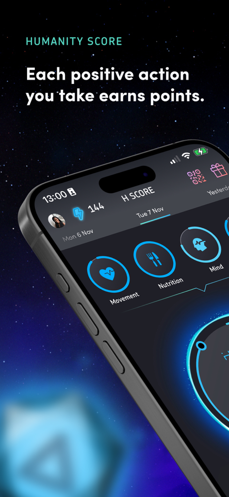 HUMANITY app H Score interface tracking health actions for movement nutrition and mind