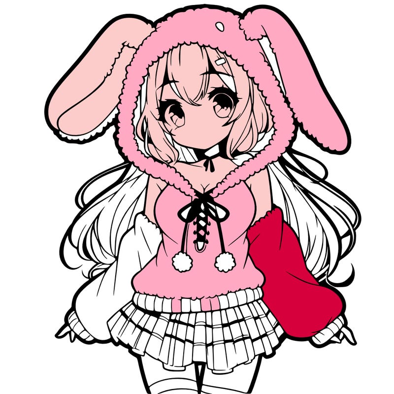 pretty anime girl wearing a fluffy hoodie with bunny ears on the hood and a skirt