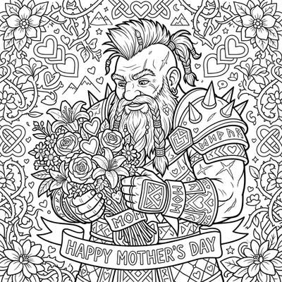 Discover a heartwarming tribute with our Dwarf Slayer Mother's Day coloring page, blending fierce fantasy with tender love. This unique design features a warrior holding a beautiful bouquet amidst intricate patterns, perfect for a special gift.