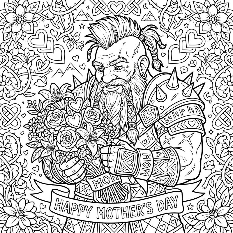 Discover a heartwarming tribute with our Dwarf Slayer Mother's Day coloring page, blending fierce fantasy with tender love. This unique design features a warrior holding a beautiful bouquet amidst intricate patterns, perfect for a special gift.