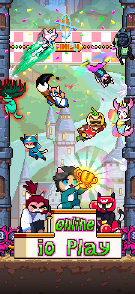 Cat Jump (Global) - 多様なピクセルアートの猫キャラクターが、金色のトロフィーと共に勝者の表彰台でお祝いしている