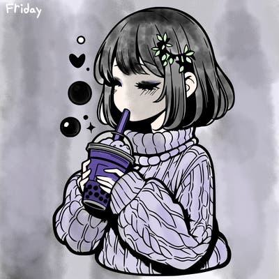 manga girl drinking boba in cozy sweater