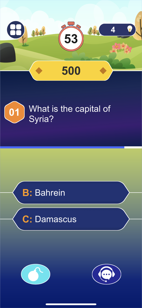 Millionaire: Fun Trivia Games - Millionaire trivia game screen with a geography question about the capital of Syria