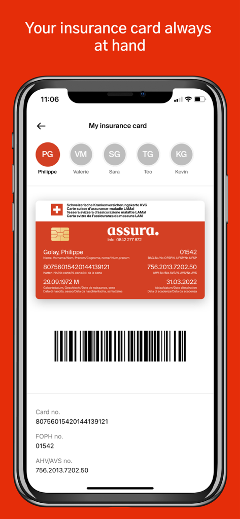 Assura - Assura mobile app showing a digital health insurance card with barcode on a smartphone screen