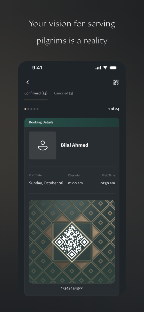 Nusuk Business - Nusuk Businessアプリのスクリーンショットで、巡礼者の予約詳細と専門的な旅行管理のためのQRコードが表示されています。