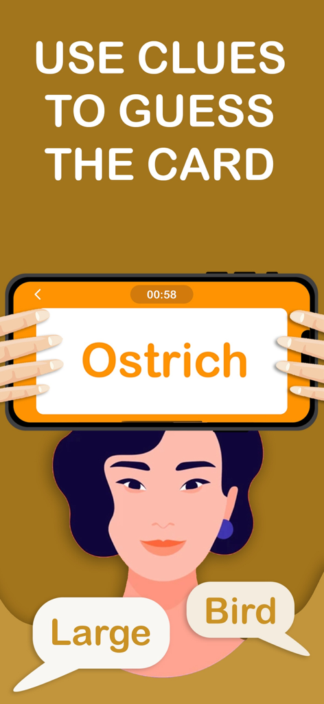 Charades Party Game - Una ilustración que muestra cómo jugar a charadas sosteniendo un teléfono en la frente mientras otros dan pistas como 'grande' y 'pájaro' para adivinar la palabra 'avestruz'.